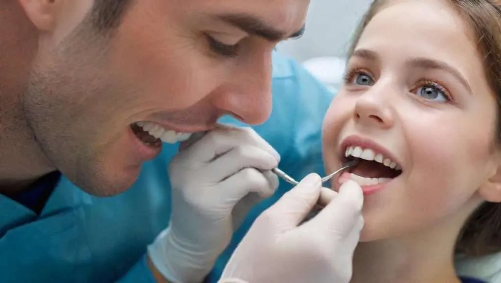 nhs dentist examining child's teeth friendly gentle expression modern dental surgery