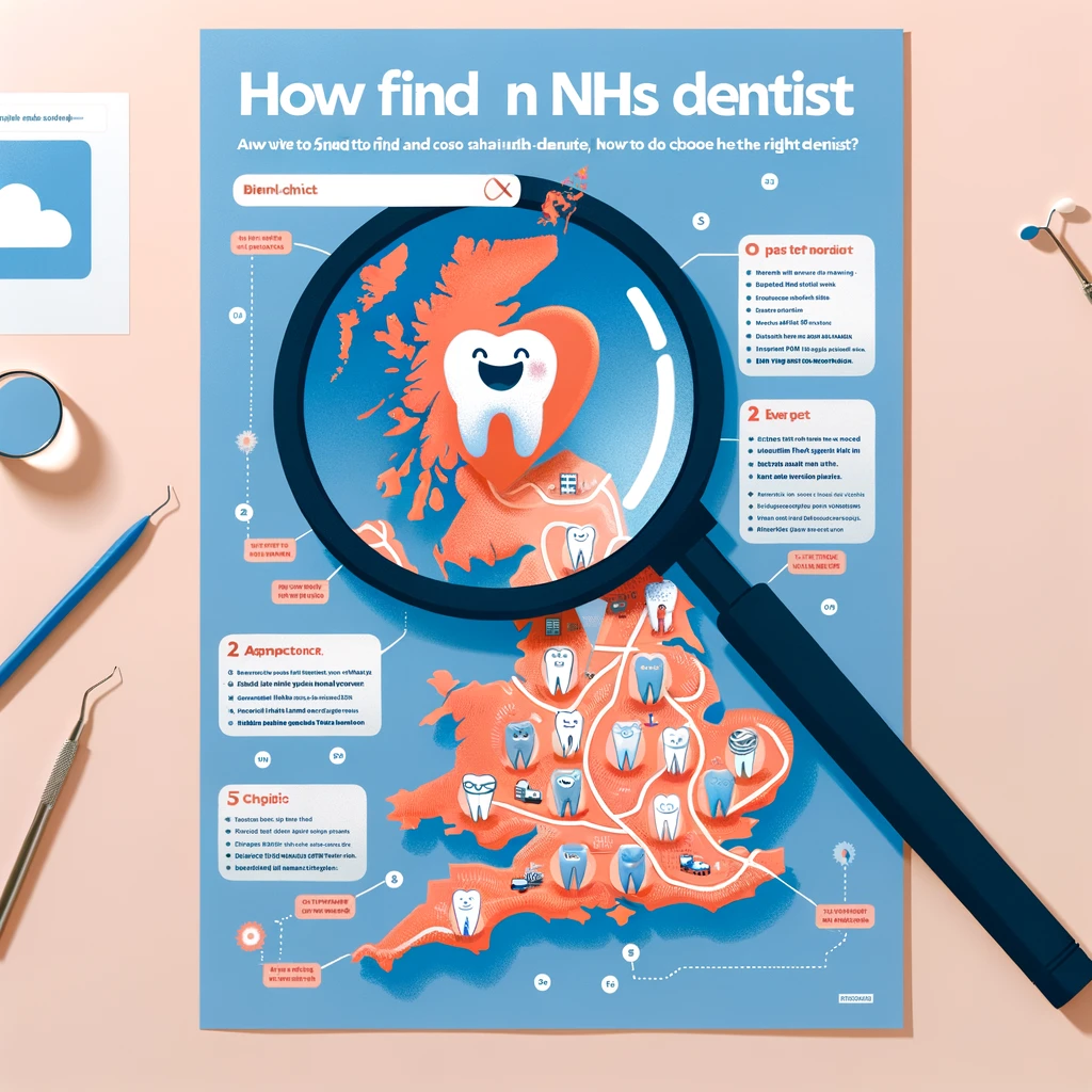 illustrates a guide to finding and choosing an NHS dentist, with a focus on a UK map and highlighted dental clinics.