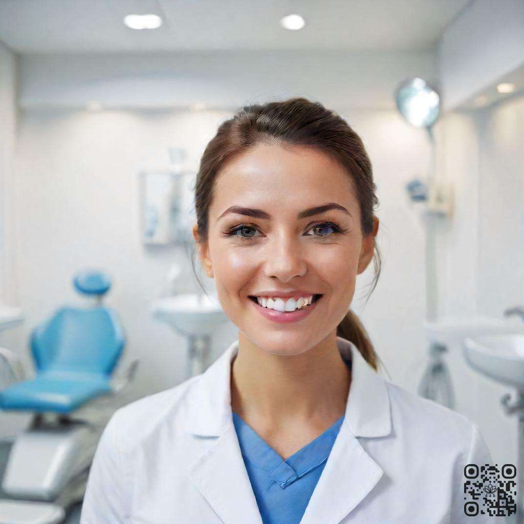 photorealistic nhs dentist smiling white coat modern dental clinic patient background